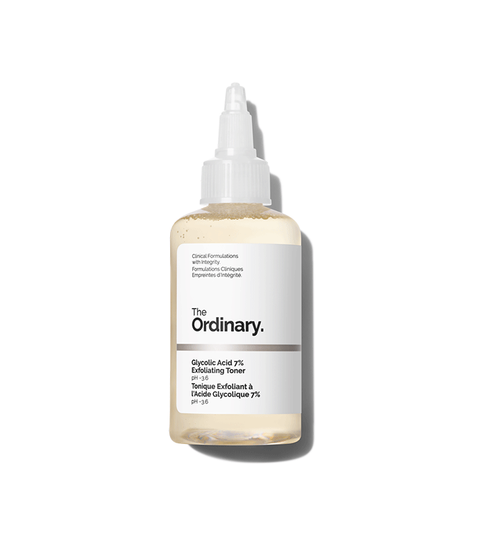 Bottle of THE ORDINARY Glycolic Acid, a skincare product known for exfoliating and brightening skin.