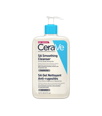 A bottle of CeraVe SA Smoothing Cleanser in plain background.